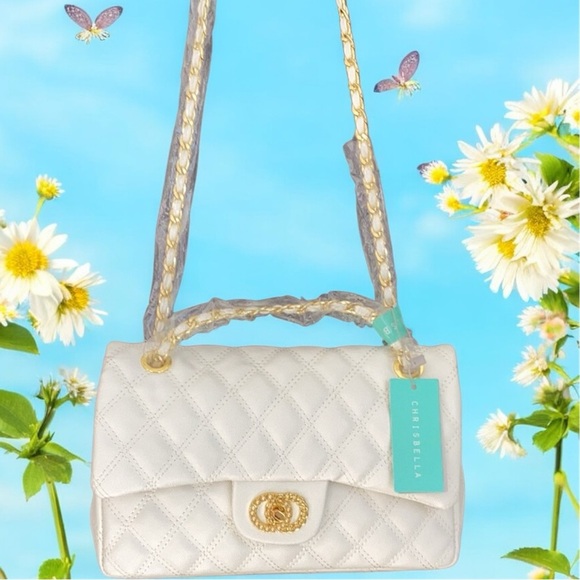 Chrisbella NWT White Quilted Leather Gold Women's Crossbody Bag Double Flap - Picture 2 of 9